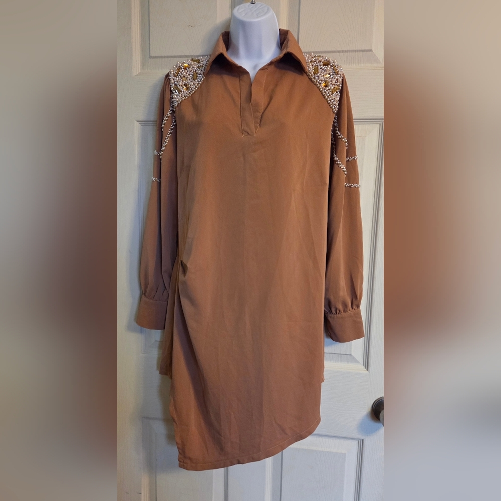 Yen Tang Store Brown Long Sleeve Dress with Beaded Shoulders Size Medium*